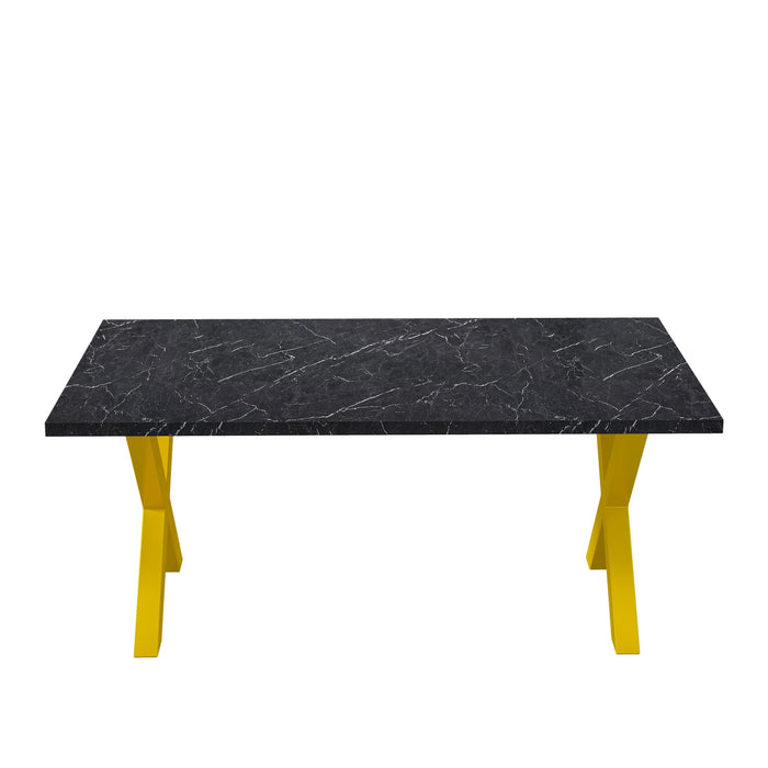 70.87"Modern Square Dining Table with Printed Black Marble Table Top+Gold X-Shape Table Leg