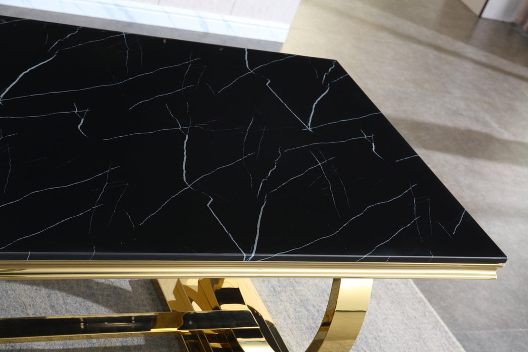 Modern Rectangular Black Marble Dining Table, 0.71" Thick Marble Top, Double U-Shape Stainless Steel Base with Gold Mirrored Finish