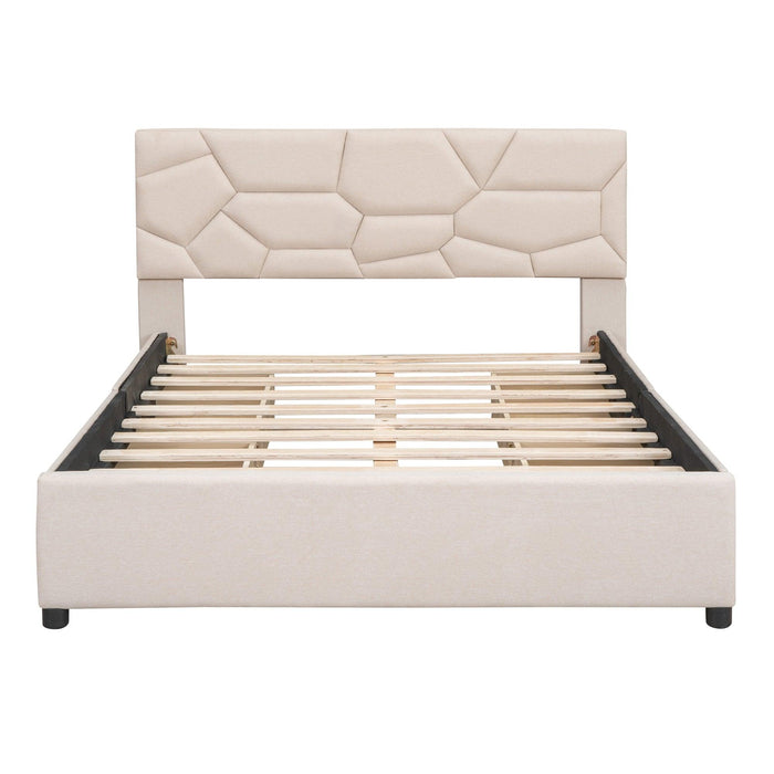 Full Size Upholstered Platform Bed with Brick Pattern Heardboard and 4 Drawers, Linen Fabric, Beige