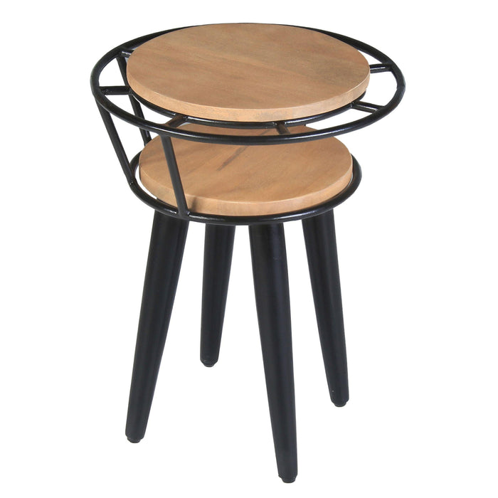 20 Inch Handcrafted Industrial End Table, 2 Tier Round Wood Shelves, Metal Frame, Oak Brown and Black