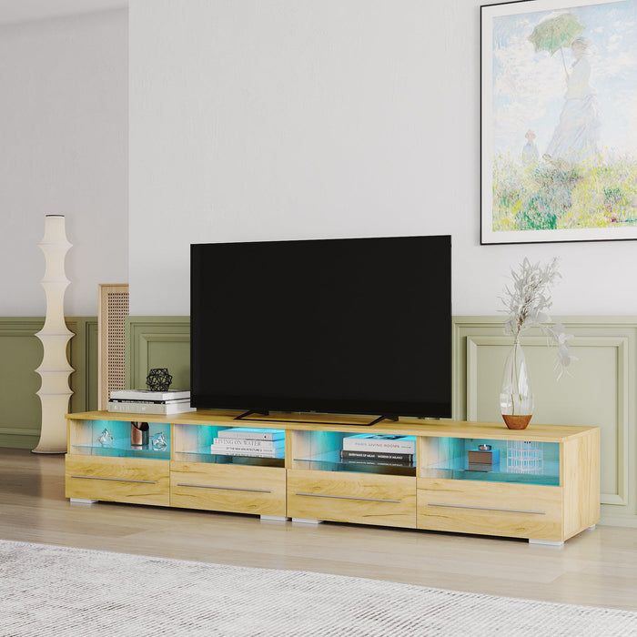 The Wood grain color TV cabinet has two drawers with color-changing light strips