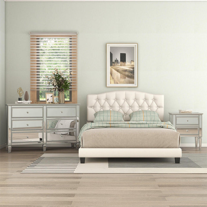 Elegant 3 Pieces Bedroom Set Full Upholstered Curved Tufted Linen Platform Bed Frame with Mirrored Silver Finished Nightstand and Dresser