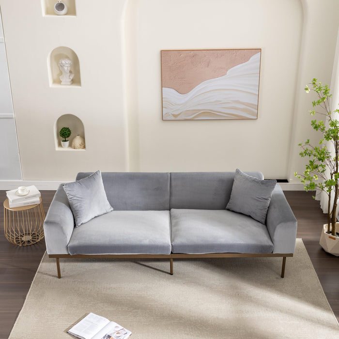 Modern Velvet Sofa with Metal Legs,Loveseat Sofa Couch with Two Pillows for Living Room and Bedroom,Grey