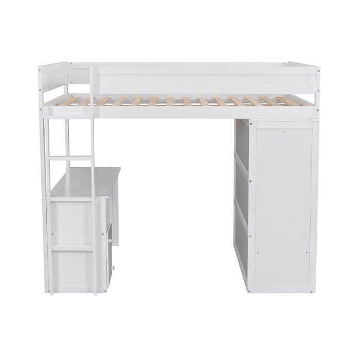 Wood Full Size Loft Bed with Wardrobes and 2-Drawer Desk with Cabinet, White