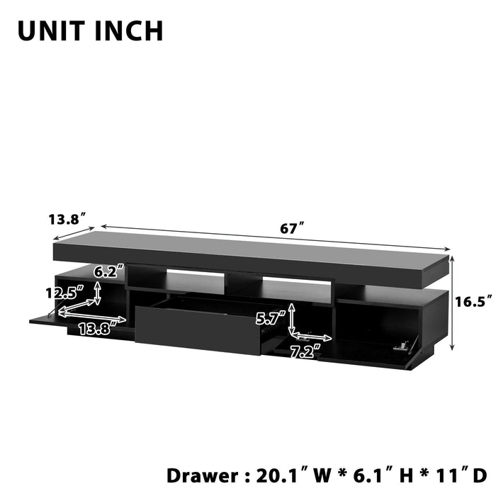 TV Stand with 4 Open Shelves,Modern High Gloss Entertainment Center for 75 Inch TV, Universal TVStorage Cabinet with 16-color RGB LED Color Changing Lights, Black