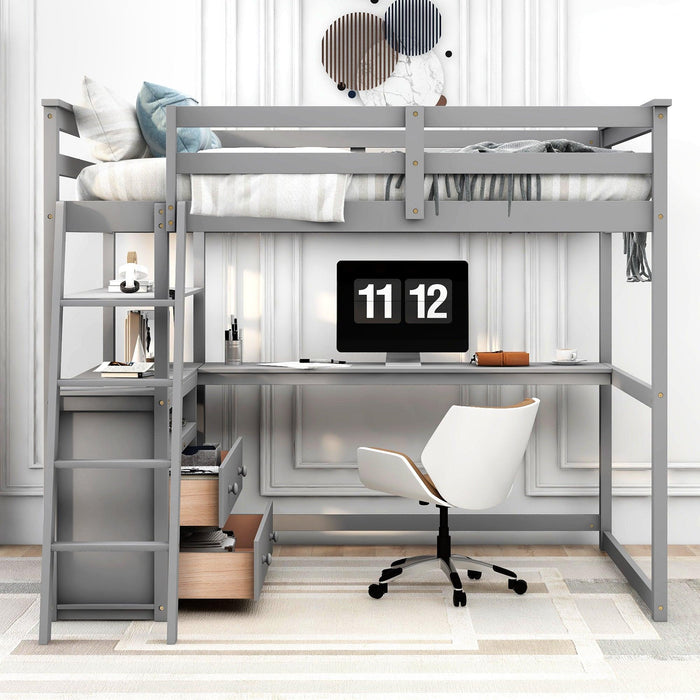 Full Size Loft Bed with Desk and Shelves,Two Built-in Drawers,Gray