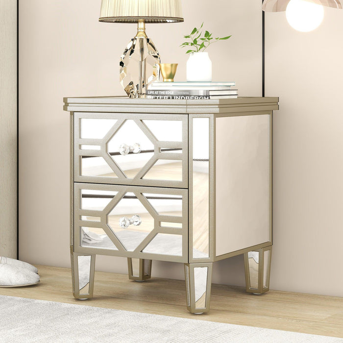 Elegant Mirrored 2-Drawer Side Table with lden Lines for Living Room, Hallway, Entryway