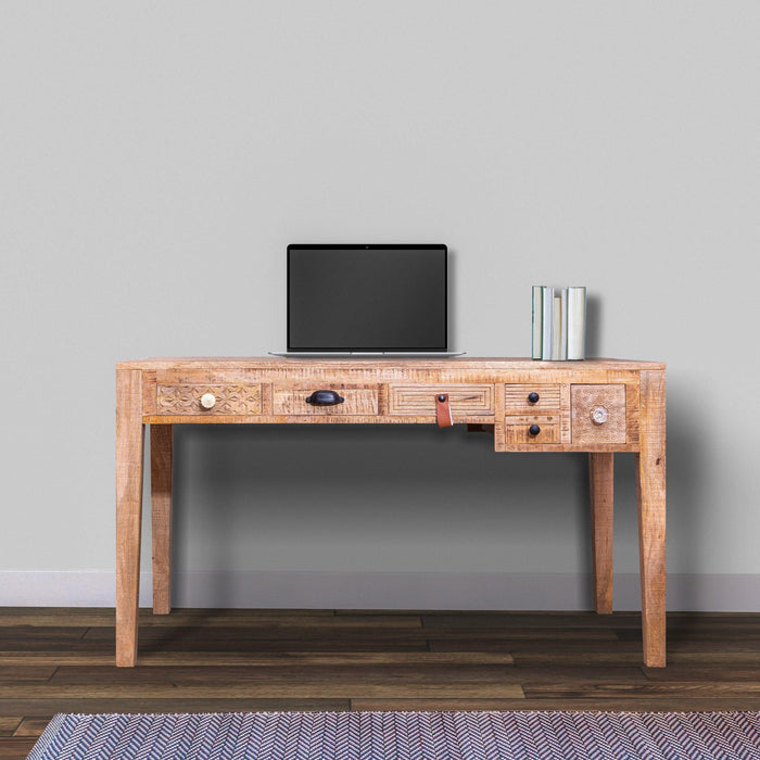 6 Drawer Grained Rustic ManWood Home Office Desk with Straight Legs, Weathered Brown