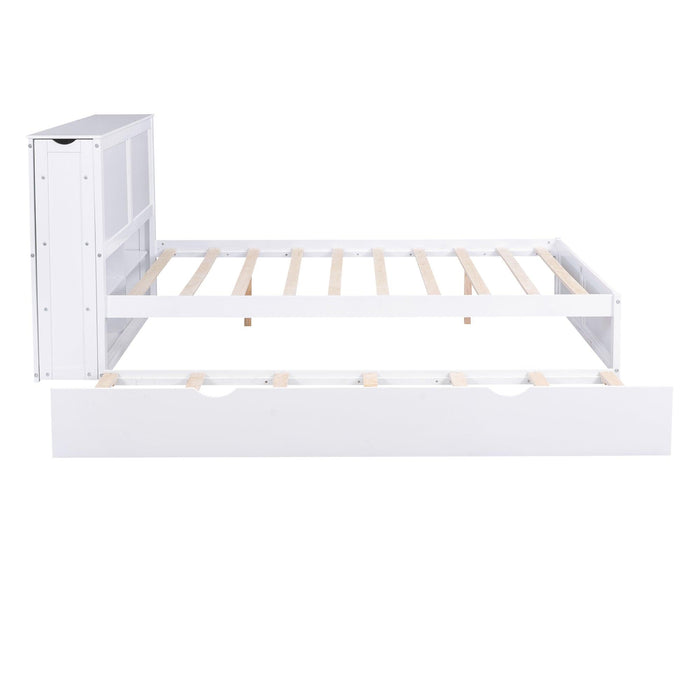 Queen SizeStorage Platform Bed with Pull Out Shelves and Twin Size Trundle, White