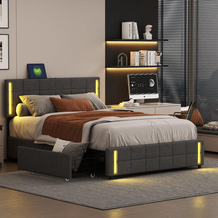 Queen Size Upholstered Platform Bed with LED Lights and USB Charging,Storage Bed with 4 Drawers, Dark Gray