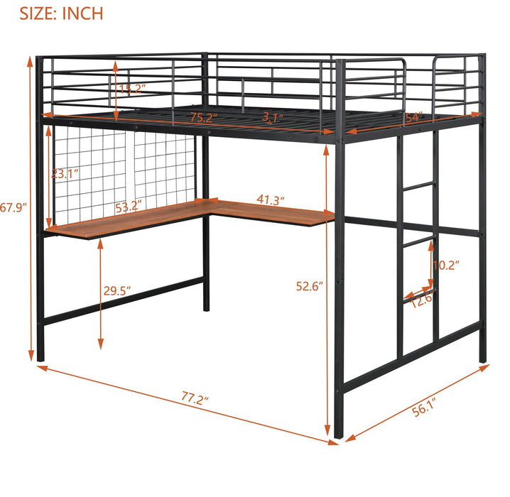 Full Metal Loft Bed with Desk and Metal Grid, Black