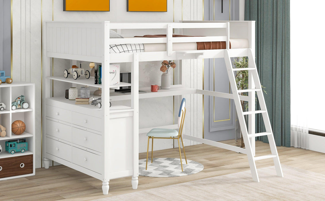 Full size Loft Bed with Drawers and Desk, Wooden Loft Bed with Shelves - White