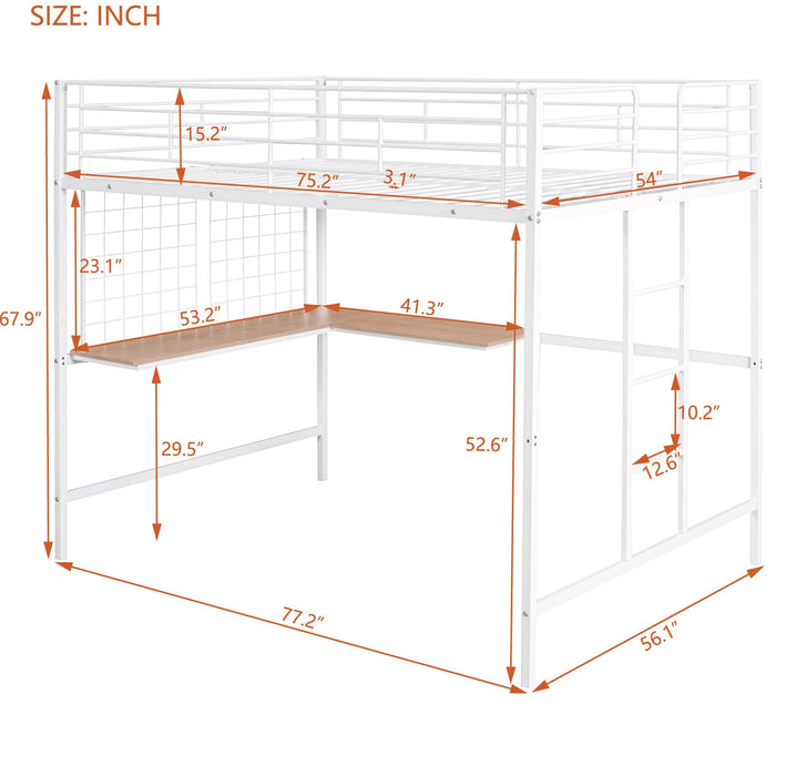 Full Metal Loft Bed with Desk and Metal Grid, White