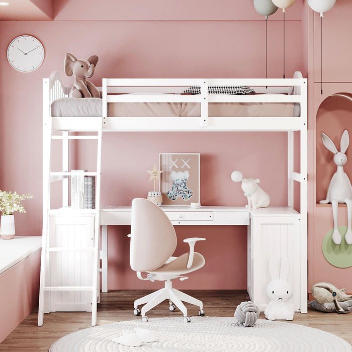 Twin size Loft Bed with Drawers, Cabinet, Shelves and Desk, Wooden Loft Bed with Desk - White