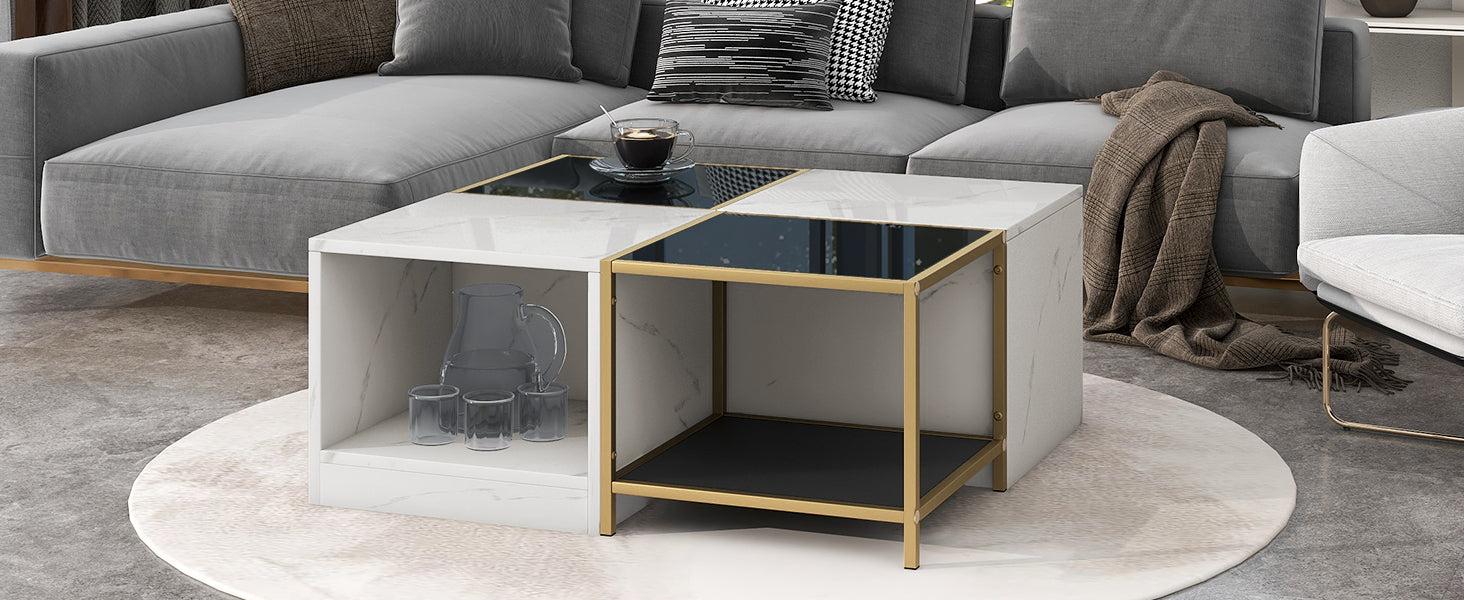 2-layerModern Coffee Table with Metal Frame, Cocktail Table with High Gloss White Marble Finish, Simply Assemble Square Corner Tables for Living Room, 31.5”x 31.5”