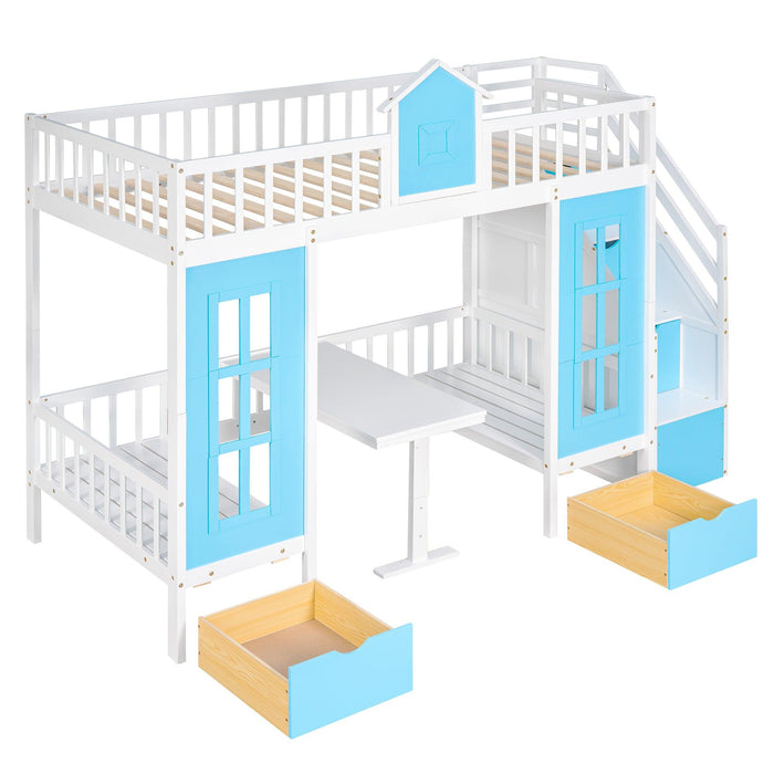 Twin-Over-Twin Bunk Bed with Changeable Table , Bunk Bed  Turn into Upper Bed and Down Desk with 2 Drawers - Blue