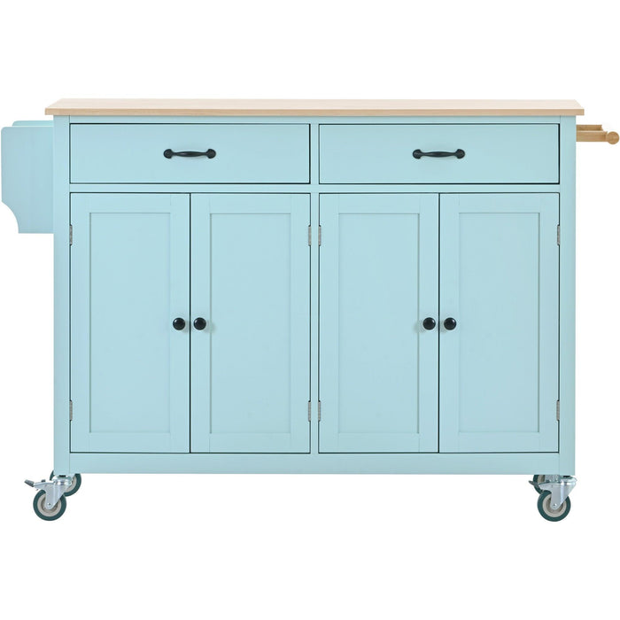 Kitchen Island Cart with 4 Door Cabinet and Two Drawers and 2 Locking Wheels - Solid Wood Top, Adjustable Shelves, Spice & Towel Rack（Mint Green）