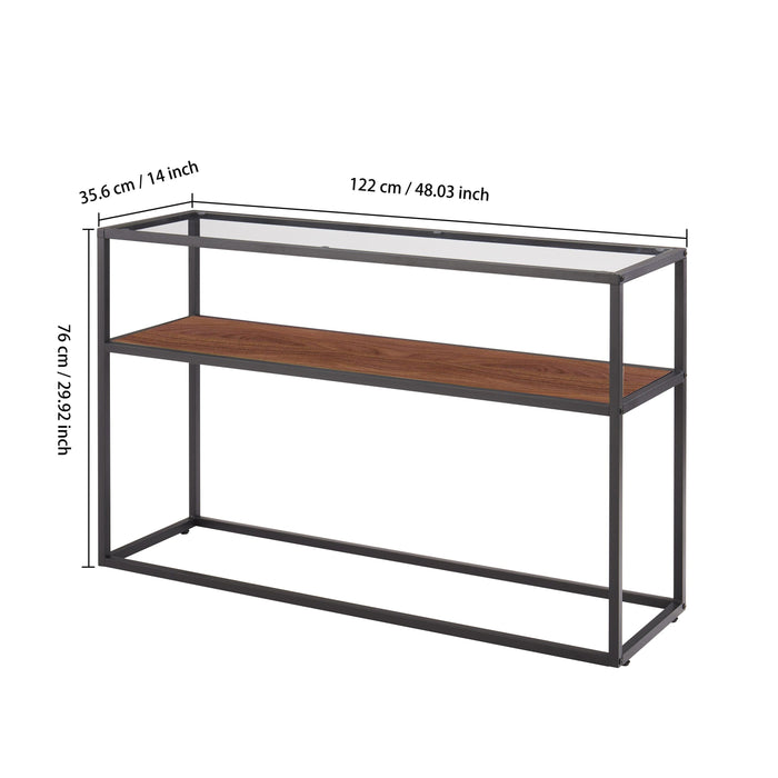 48.03" Glass Console Sofa Table,Modern Open Hallway Table, Narrow Entryway Table,  2 Shelves Couch Side Table with Adjustable Feet,Black Metal Reversable Walnut and Cement ash