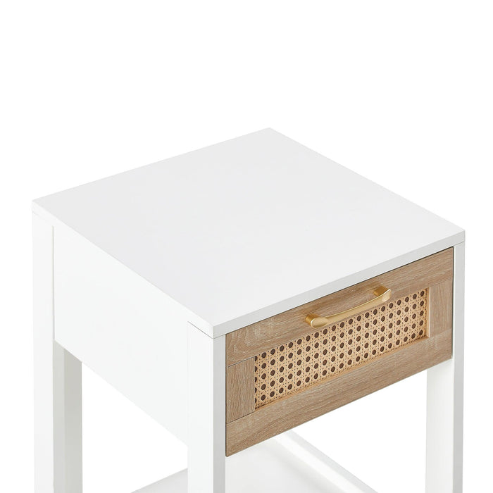 15.75" Rattan End table with  drawer,Modern nightstand, side table for living roon, bedroom,white