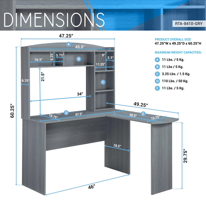 Techni MobiliModern L-Shaped Desk with Hutch, Grey