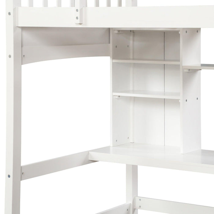 Twin size Loft Bed withStorage Shelves, Desk and Ladder, White