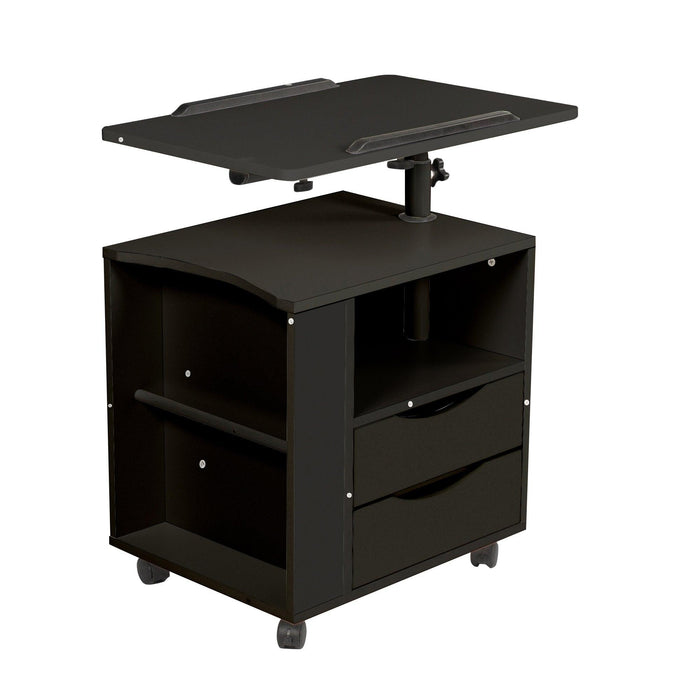 Height Adjustable Overbed End Table Wooden Nightstand with Swivel Top, Drawers, Wheels and Open Shelf,  Black