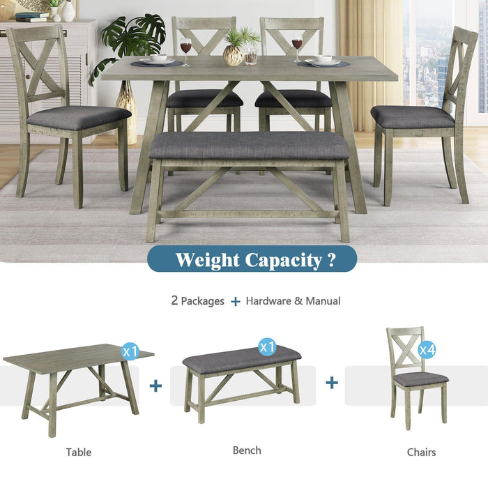 6 Piece Dining Table Set Wood Dining Table and chair Kitchen Table Set with Table, Bench and 4 Chairs, Rustic Style, Gray