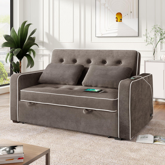 65.7" Linen Upholstered Sleeper Bed , Pull Out Sofa Bed Couch attached two throw pillows,Dual USB Charging Port and Adjustable Backrest for Living Room Space,Gray