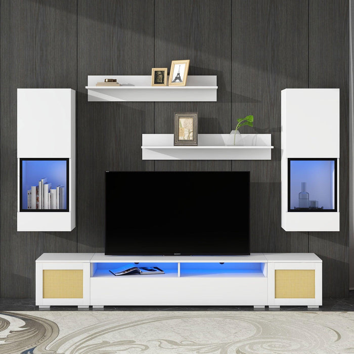 Extended, Rattan Style Entertainment Center, 7 Pieces Floating TV Console Table for TVs Up to 90”, High Gloss Wall Mounted TV Stand with Color Changing LED Lights for Home Theatre, White.