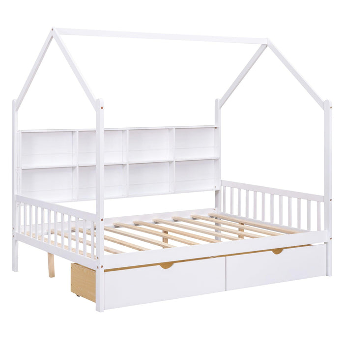 Wooden Full Size House Bed with 2 Drawers,Kids Bed withStorage Shelf, White