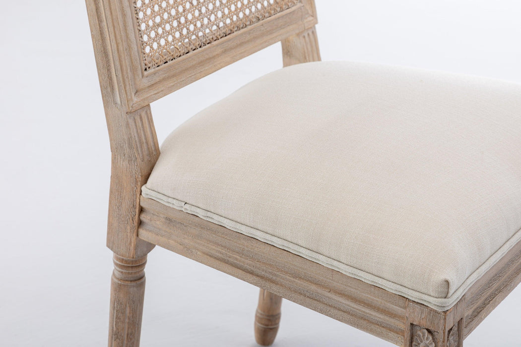 French Style Solid Wood Frame Linen Fabric Antique Painting Rattan Back Dining Chair ,Seat of 2,Cream