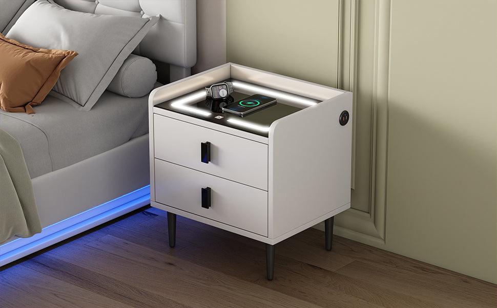 Nightstand with Wireless Charging Station,USB Charging and Adjustable LED Lights,Modern End Table with 2 Drawers for Bedroom,White