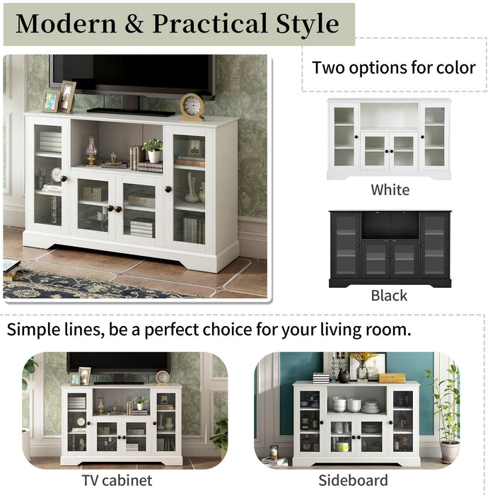 TV Stand for TV up to 60in with 4 Tempered Glass Doors Adjustable Panels Open Style Cabinet, Sideboard for Living room, White