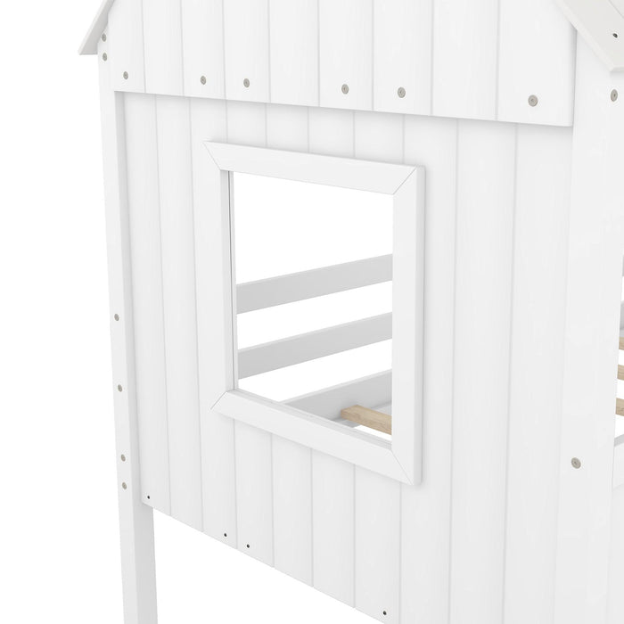 Twin Size Low Loft Wood House Bed with Two Side Windows  (White)