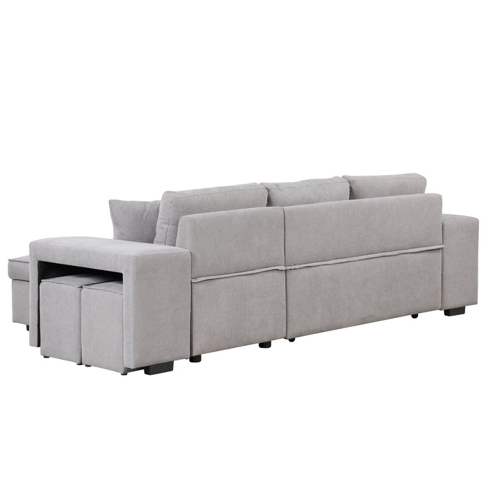 104" Pull Out Sleeper Sofa Reversible L-Shape 3 Seat Sectional Couch withStorage Chaise and 2 Stools for Living Room Furniture Set,Gray