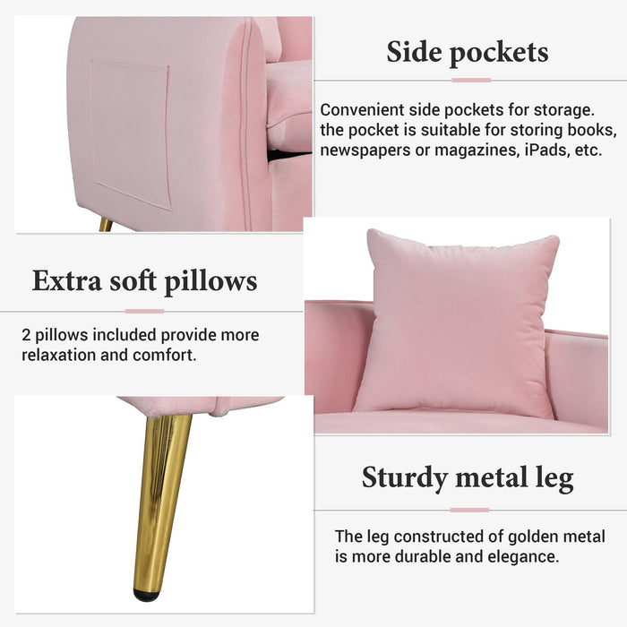 77.5" Velvet Upholstered Sofa with Armrest Pockets,3-Seat Couch with 2 Pillows and lden Metal Legs for Living Room,Apartment,Home Office,Pink