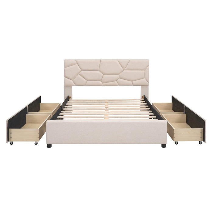 Full Size Upholstered Platform Bed with Brick Pattern Heardboard and 4 Drawers, Linen Fabric, Beige