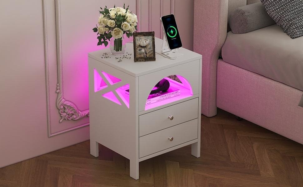 Nightstand with USB Charging Ports and LED Lights,End Table with 2 Drawers and Shelf,White