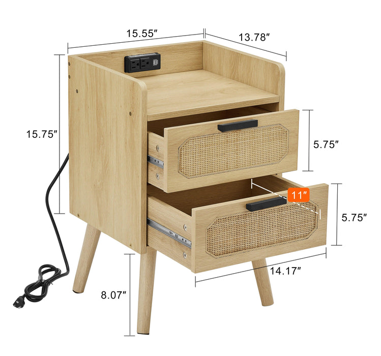 Rattan nightstand with socket side table natural handmade rattan（Natural 15.55’’W*13.78’’D*23.82’’H）