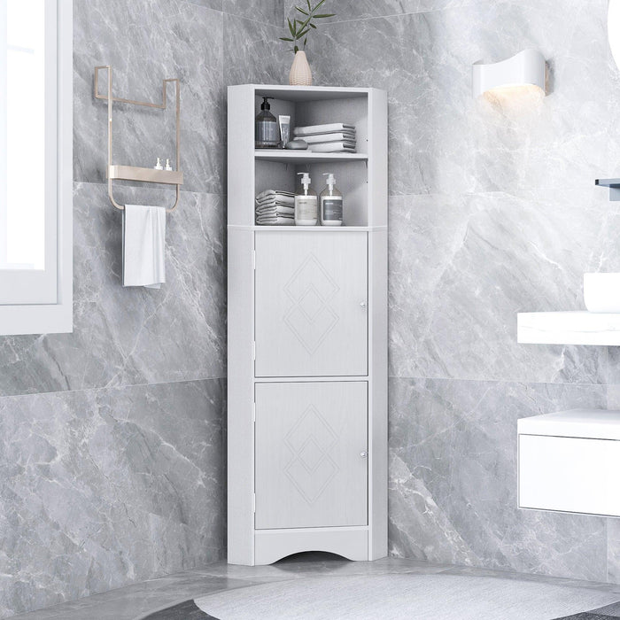 Tall Bathroom Corner Cabinet, FreestandingStorage Cabinet with Doors and Adjustable Shelves, MDF Board, White