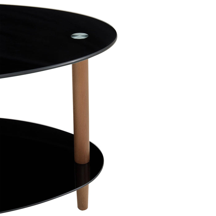 Black Oval glass coffee table,Modern table in living room Oak wood leg tea table 3-layer  glass table