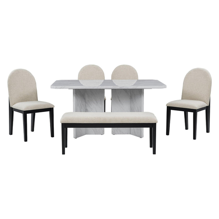 6-PieceModern Style Dining Set with Faux Marble Table and 4 Upholstered Dining Chairs & 1 Bench (White)