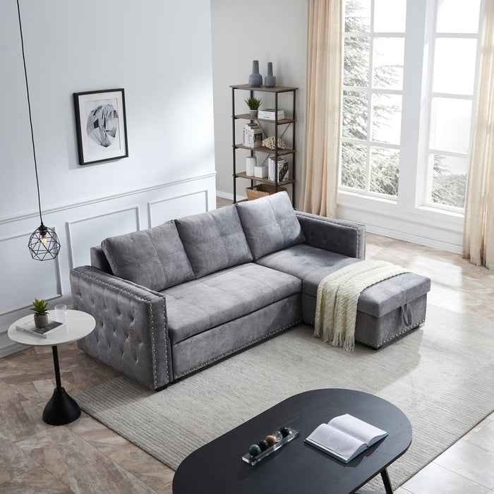 Sectional sofa with pulled out bed,  2 seats sofa and reversible chaise withStorage, both hands with copper nail, GREY, (91" x 64" x 37")