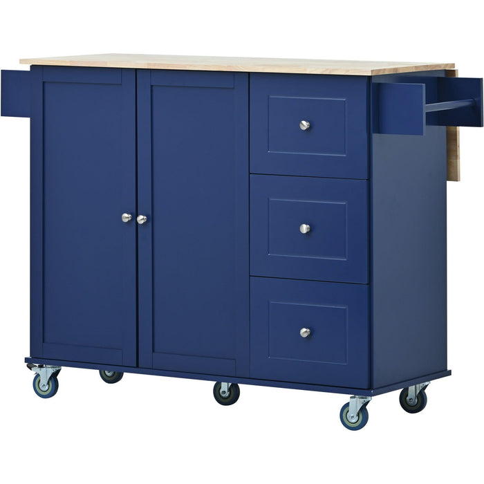 Rolling Mobile Kitchen Island with Drop Leaf - Solid Wood Top, Locking Wheels &Storage Cabinet 52.7 Inch Width（Dark blue）