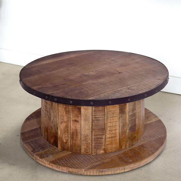 36 Inch ManWood Farmhouse Coffee Table with Rustic Plank Style Round Top and Base, Walnut and Natural Brown