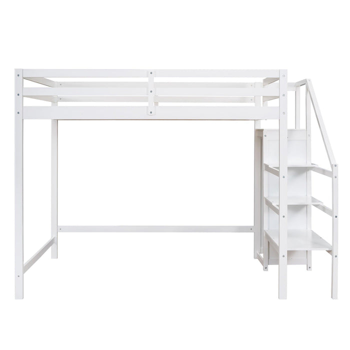 Full Size Loft Bed with Built-inStorage Wardrobe and Staircase,White