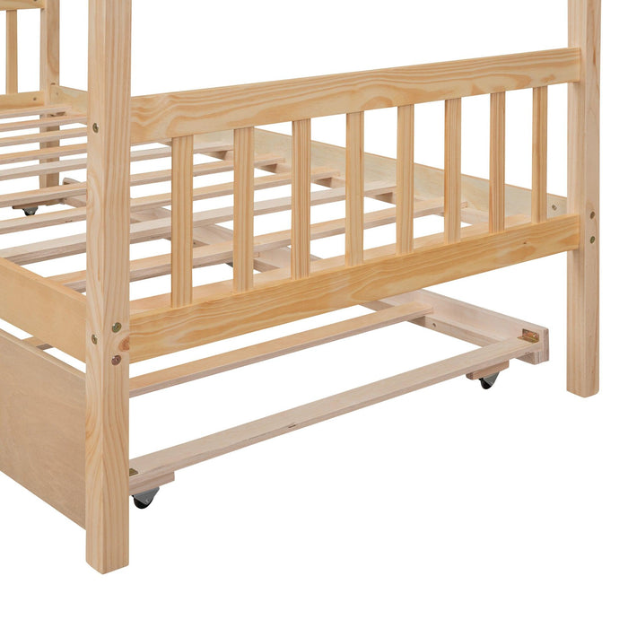 Twin Size Wooden House Bed with Twin Size Trundle, Natural