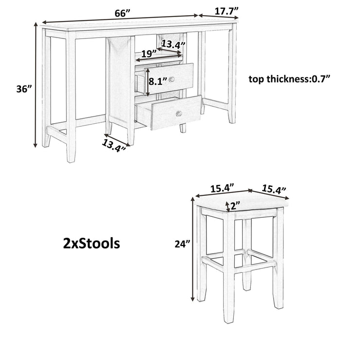 Farmhouse Rustic 3-piece Counter Height Wood Dining Table Set with 2Storage Drawers and 2 Stools for Small Places, White and Brown