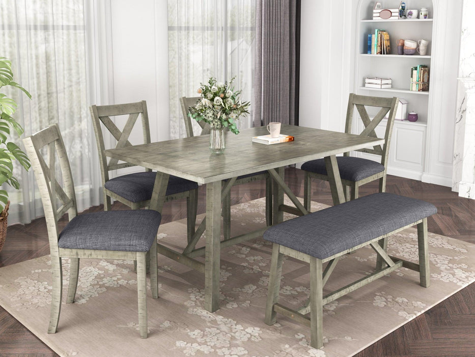 6 Piece Dining Table Set Wood Dining Table and chair Kitchen Table Set with Table, Bench and 4 Chairs, Rustic Style, Gray