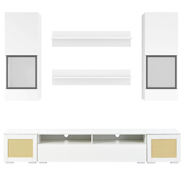 Extended, Rattan Style Entertainment Center, 7 Pieces Floating TV Console Table for TVs Up to 90”, High Gloss Wall Mounted TV Stand with Color Changing LED Lights for Home Theatre, White.